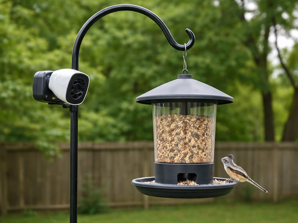 Smart bird feeder with an outdoor camera mounted in a backyard, positioned for bird watching.