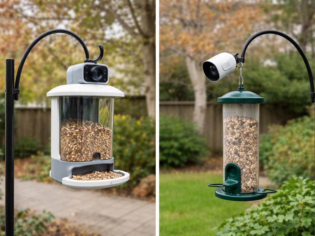 Two minimal outdoor setups: integrated smart bird feeder with camera, and a separate camera beside a feeder.