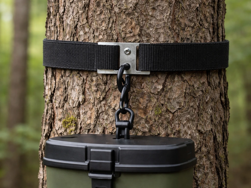Velcro strap and bracket secure a hanging wildlife feeder to a tree trunk, level and steady.