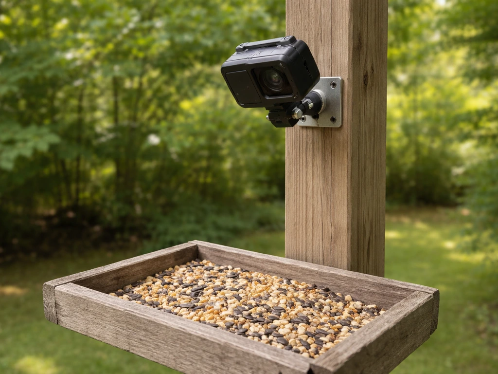 Mounted bird feeder camera tilted downward toward a seed tray from about 5 feet up.