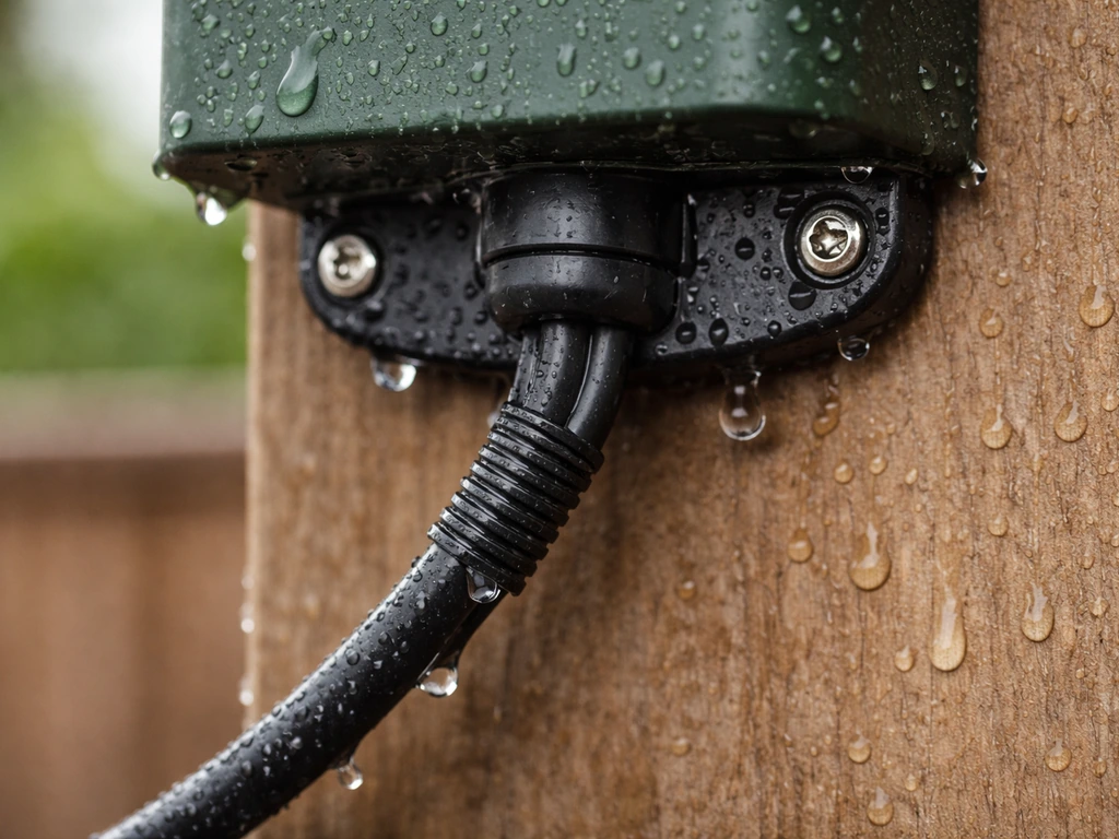 Outdoor close-up of a weather-sealed feeder mounting point with cables under light rain