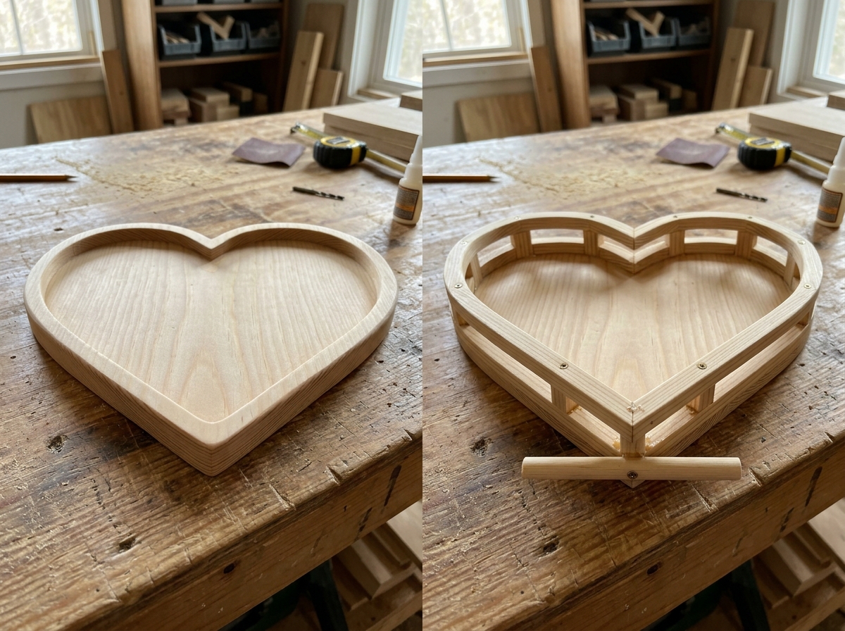 Installing side rails and perch on the heart-shaped wooden tray.