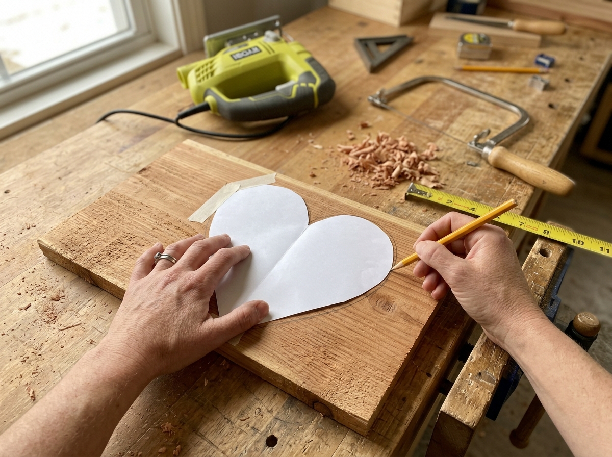Tracing a heart template onto a cedar board for a wood tray feeder.