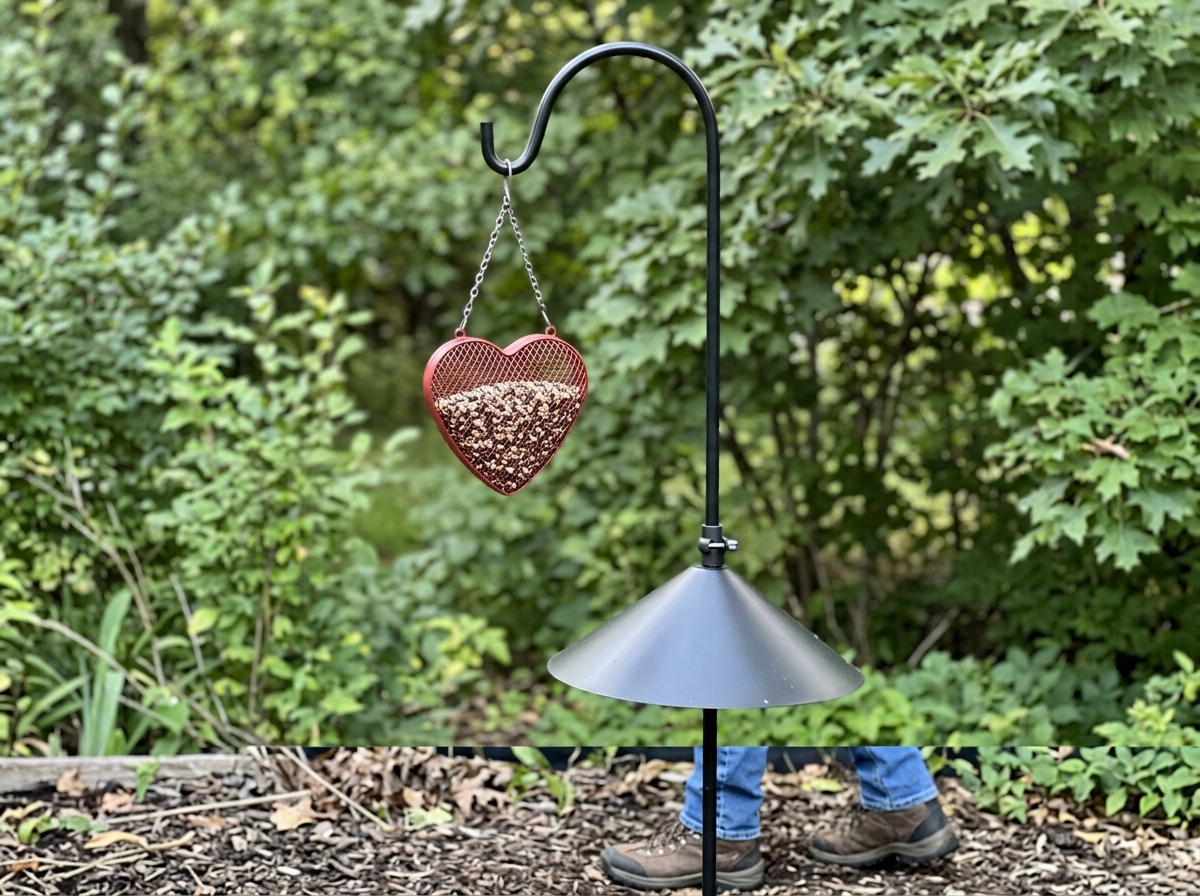 Hanging a heart bird feeder on a pole with a baffle outdoors.