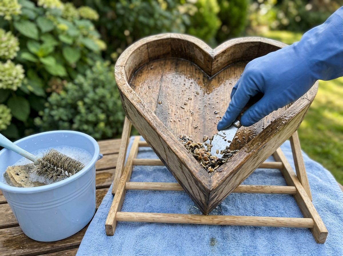 Cleaning a heart feeder’s pointed bottom corner to remove old seed.
