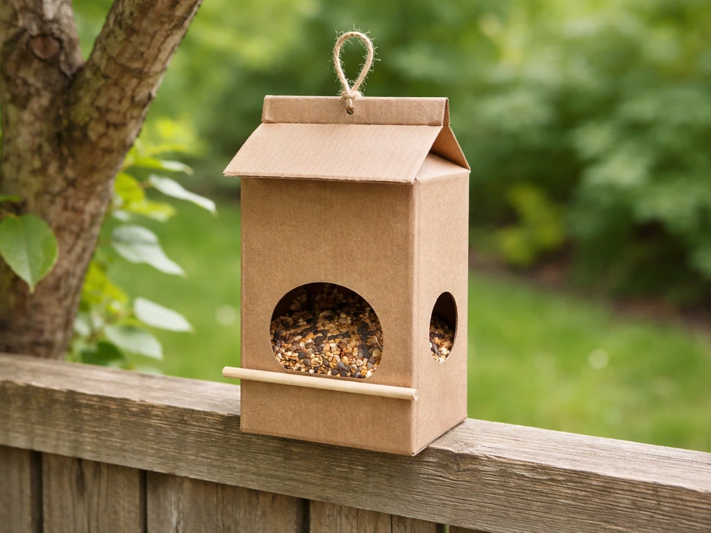 Beginner DIY bird feeder made from a recycled cardboard carton, held outdoors near a tree