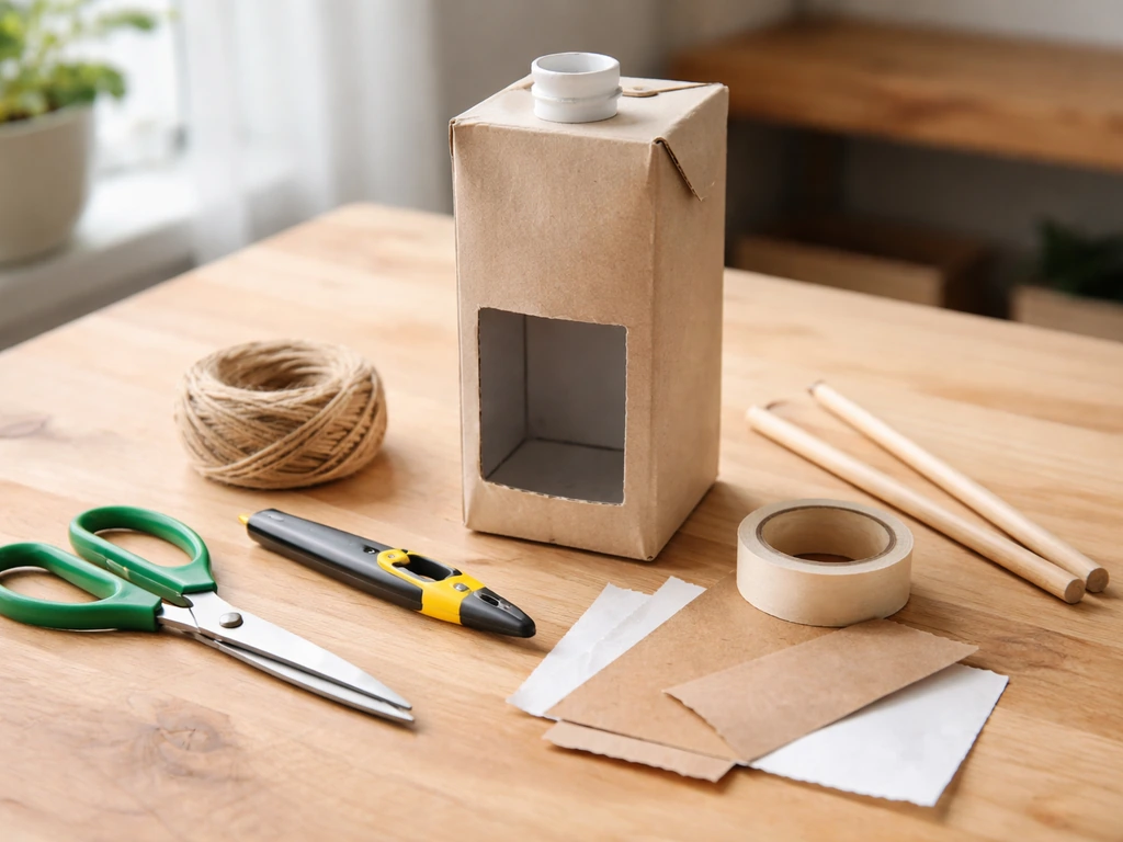 Recycled carton bird feeder supplies—tools, twine, dowel/perch—laid out neatly on a simple work surface