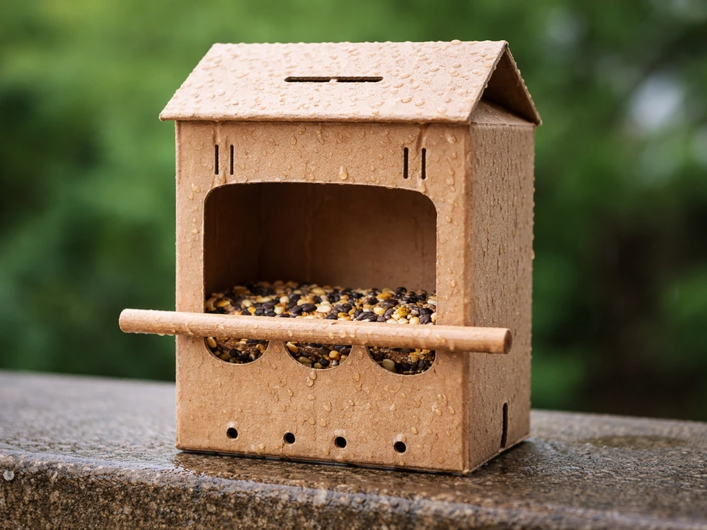 Close-up of a finished carton bird feeder showing a perch, feeding holes, and drainage holes.