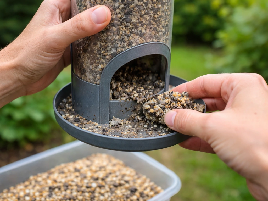 Hands cleaning a bird feeder tray by removing old moldy seed and checking seed level.