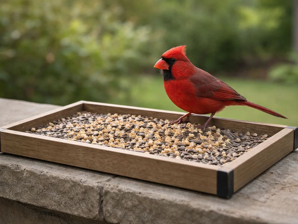 A stocky northern cardinal feeding on an open platform feeder near a window in a quiet backyard