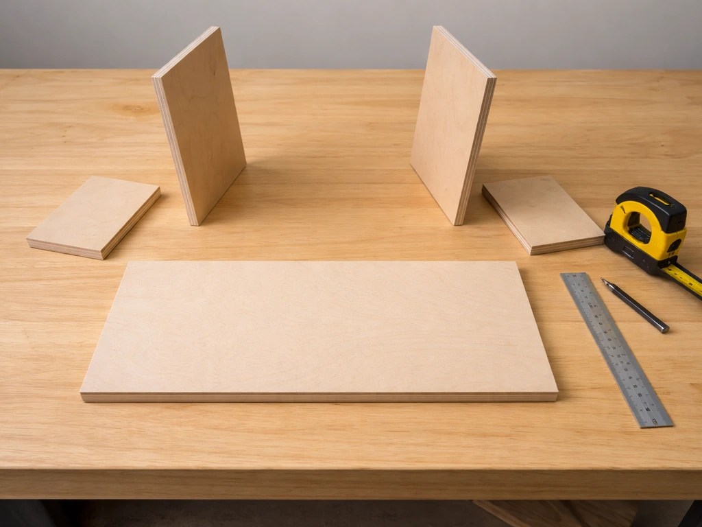 Cut wood pieces for a box-style hopper feeder staged on a workbench, with simple tools nearby.