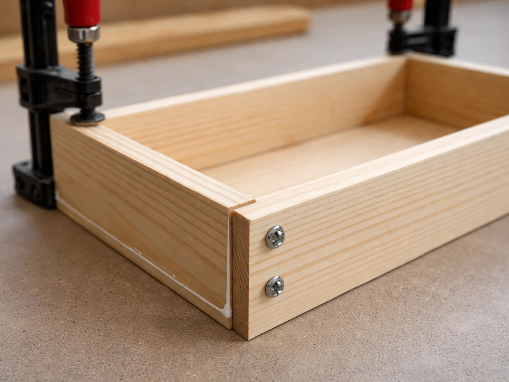 Close-up of a wooden feeder box base tray with side walls clamped and glued, screws driven along the edges.