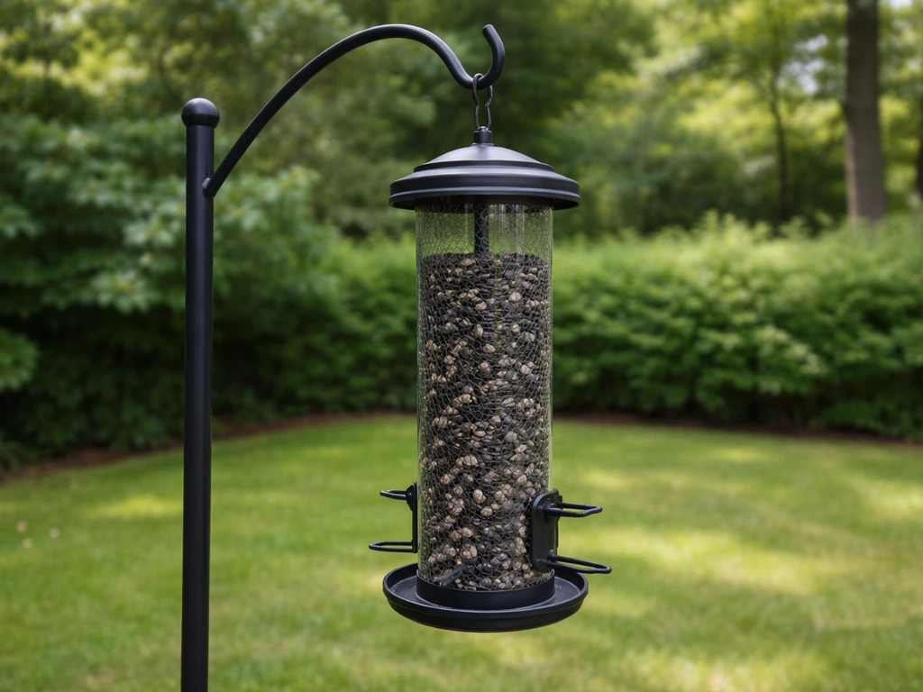 Filled cardinal bird feeder hanging at proper height with shrubs and tree line softly behind.