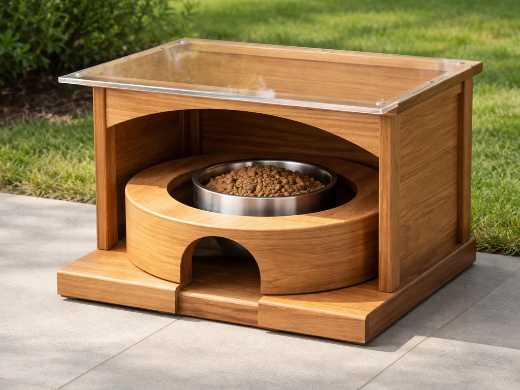Outdoor bird-proof dog feeder with hood overhang and restricted bowl entry, designed to block birds.