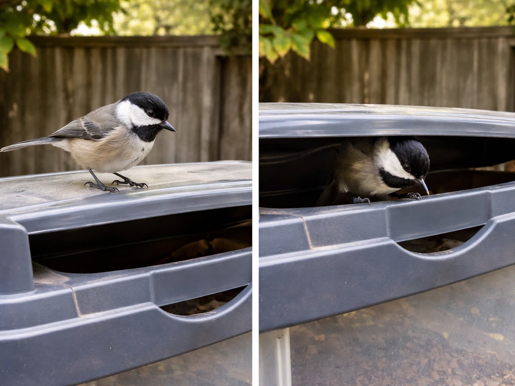 A small bird lands on a dog feeder rim, then peeks in from above near a top opening.