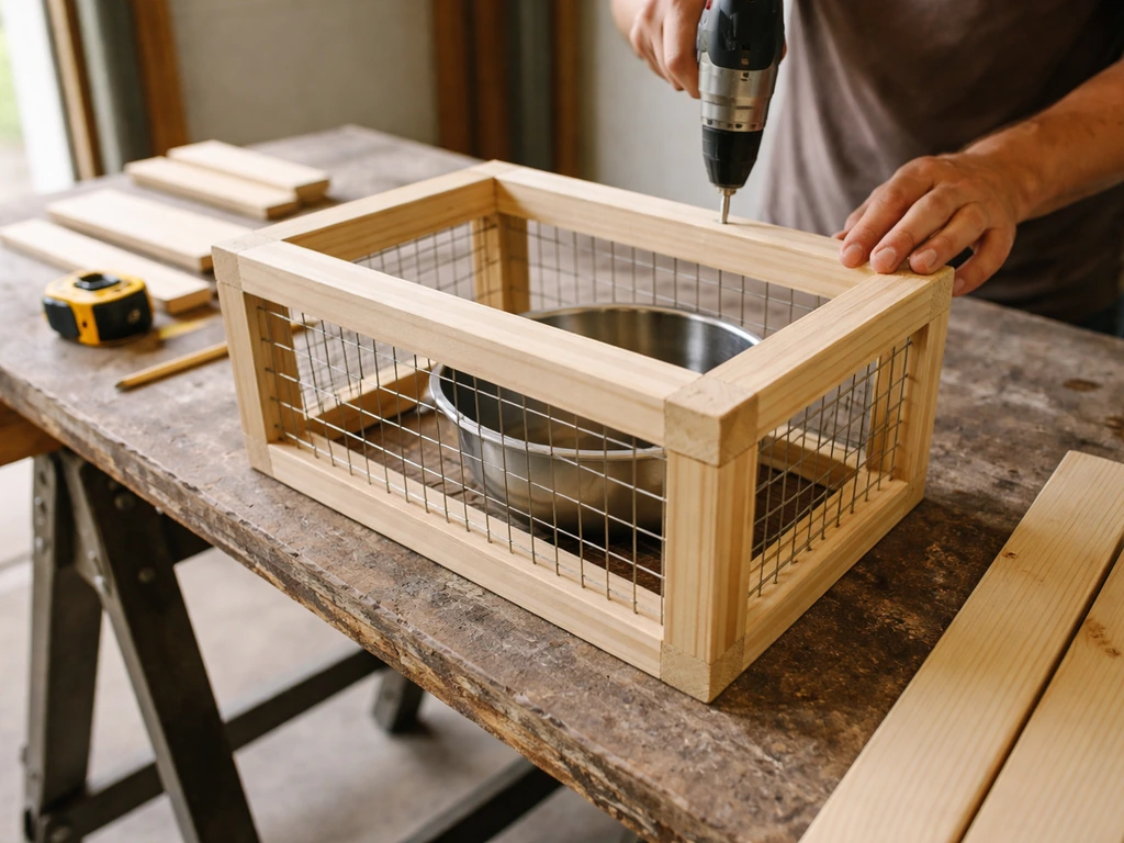 Hands on a workbench with a framed cage feeder showing wire mesh and a removable inner bowl.