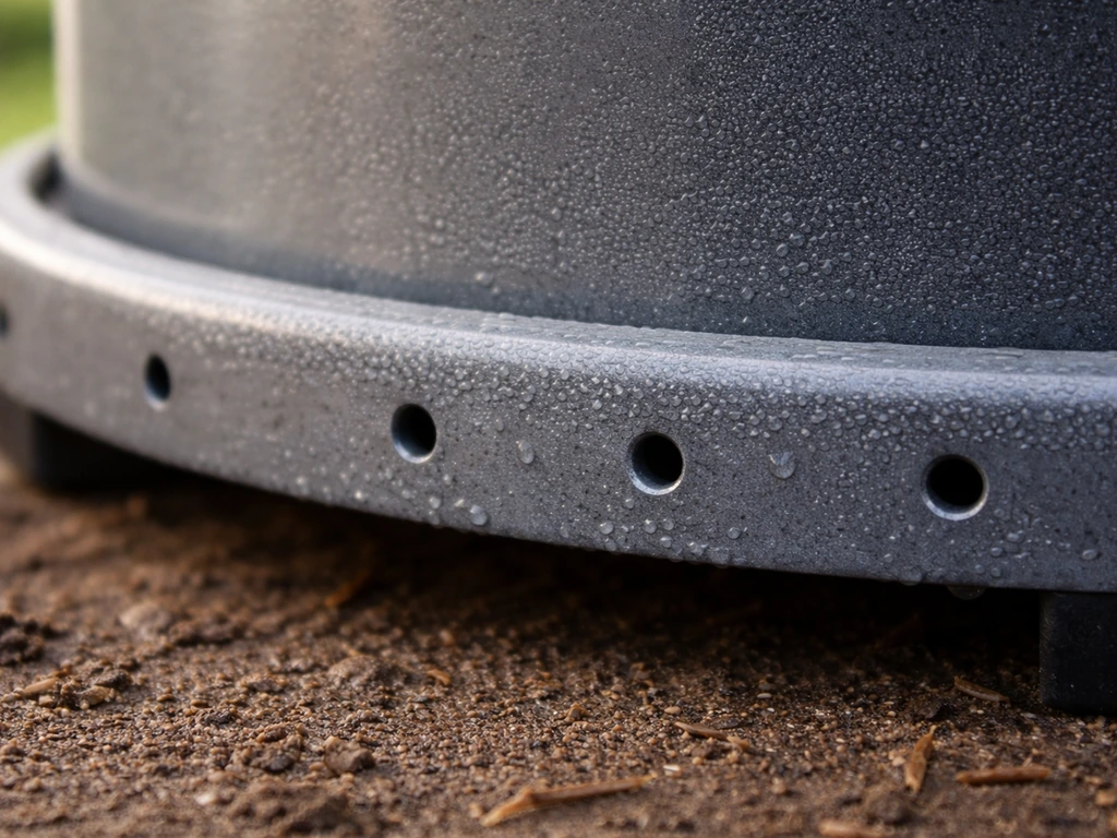 Close-up of an enclosed feeder’s bottom with small drilled drainage holes for condensation control.