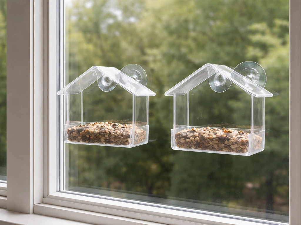 Two suction-cup window feeders on clean glass, one slightly mispositioned to show poor grip.