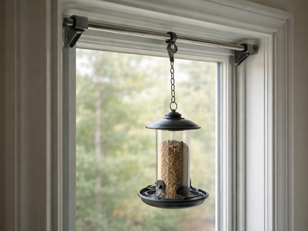 Clamp-style window mount in an open window frame with a lightweight bird feeder hanging from it