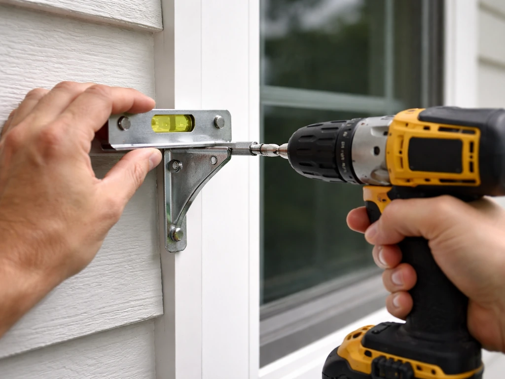 Person drilling into exterior window trim while holding a small level to ensure a bracket is level.