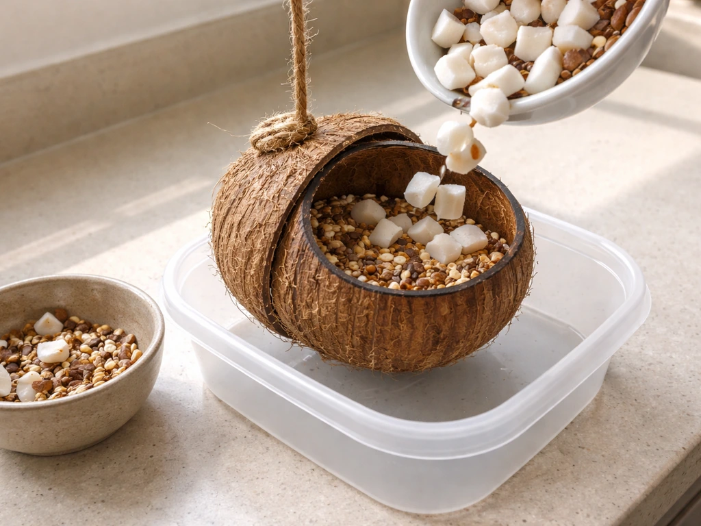Open coconut shell feeder over a tray, old pieces removed and fresh coconut added without spills.