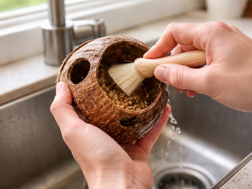 Hands scrubbing a coconut seed feeder shell over a sink, with a soft brush and rinse water nearby.