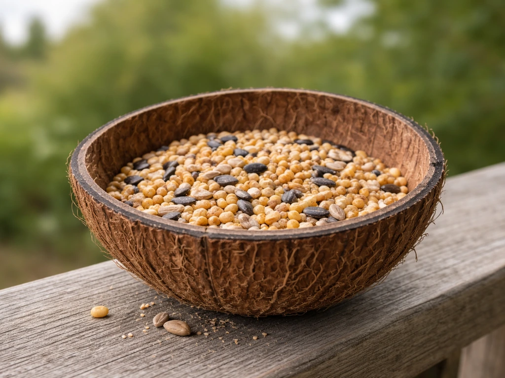 Close-up of an open half-shell bird feeder filled two-thirds with seed, with minimal spill around it.