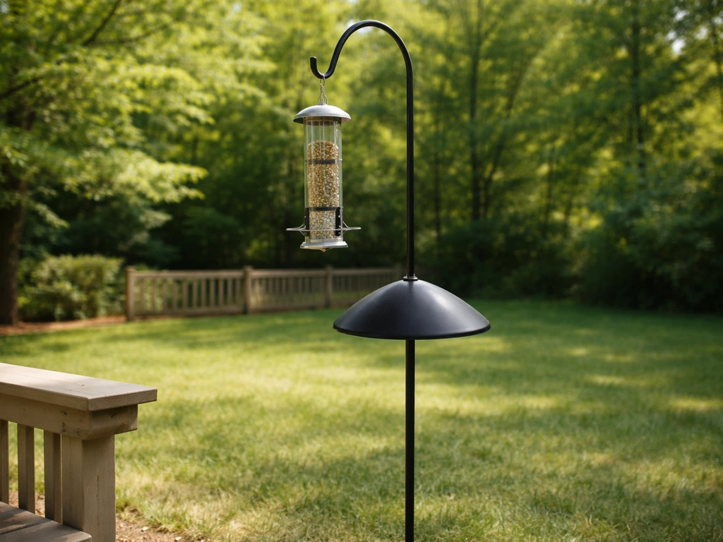 Outdoor bird feeder on a pole with a baffle, hung high and away from climbing surfaces.