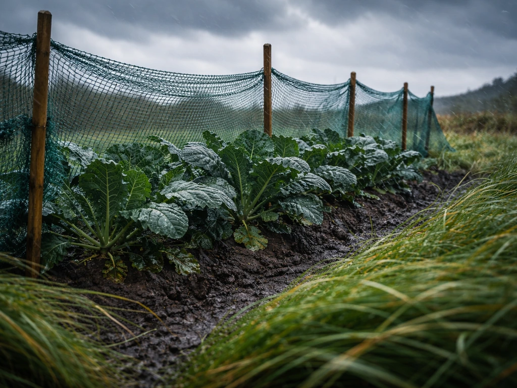 Kale protected by a windbreak with rain-damp leaves in Scotland’s cool, wet conditions. Style: candid iPhone photo, natu