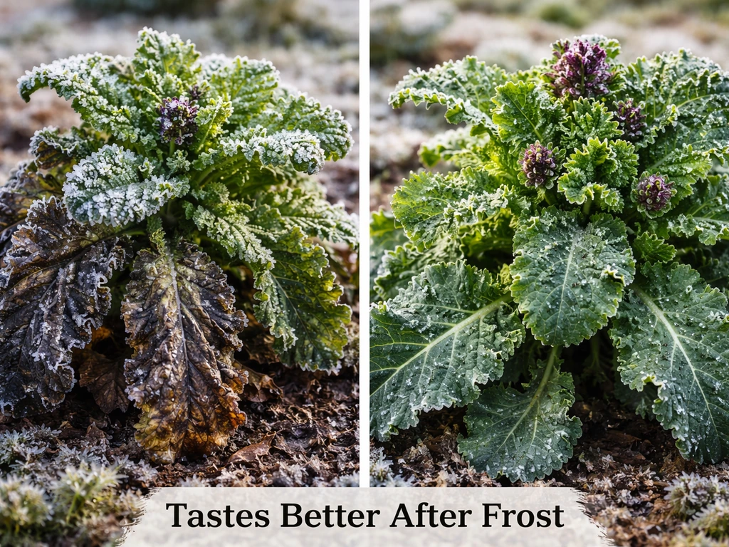 Frosted kale beside fresh growth to show hardy brassicas thriving after cold weather. Style: candid iPhone photo, natura