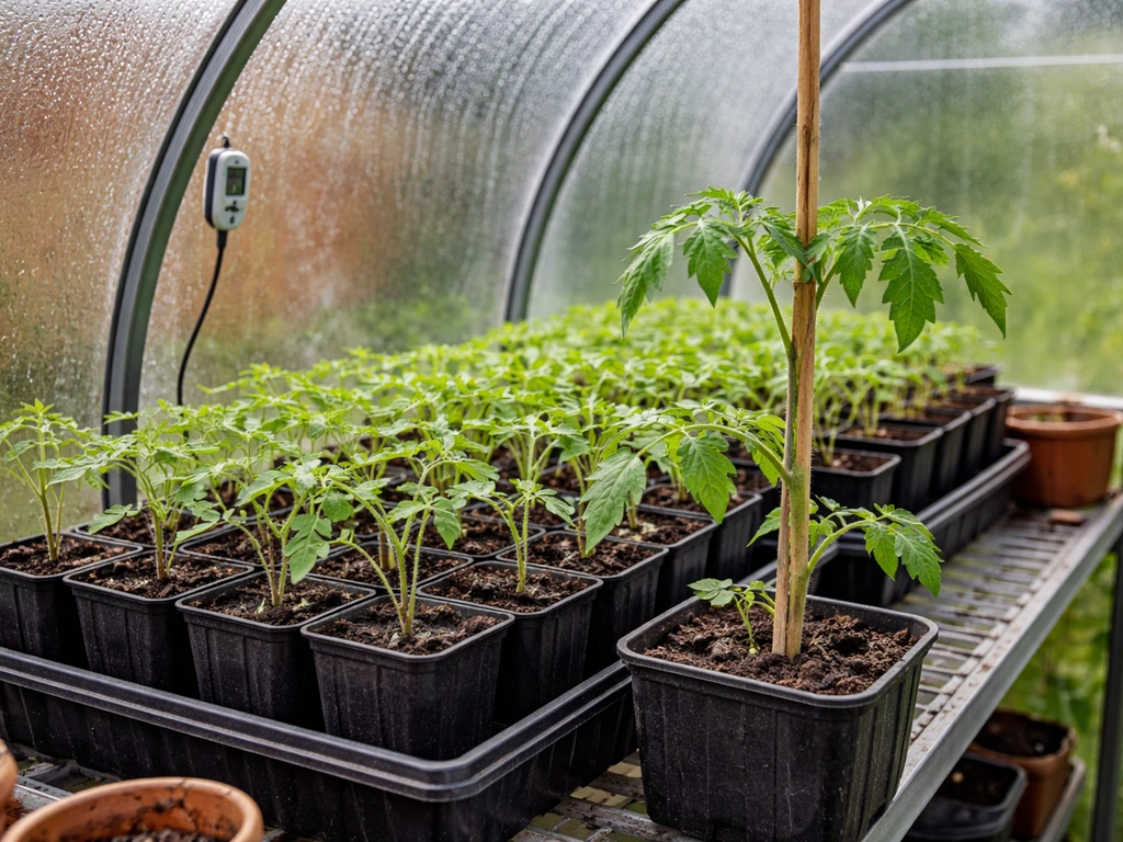 Tomato seedlings in a greenhouse/polytunnel with pots and condensation on the cover. Style: candid iPhone photo, natural