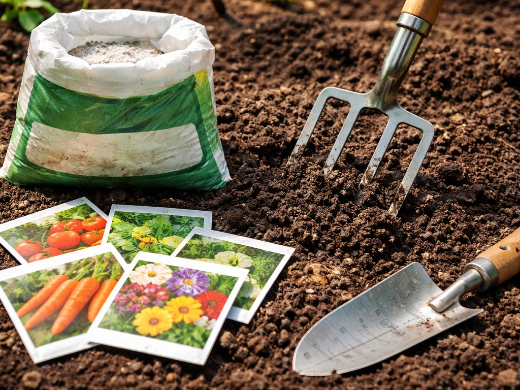 Close-up of peat-like soil with lime and seed packets to illustrate practical preparation. Style: candid iPhone photo, n