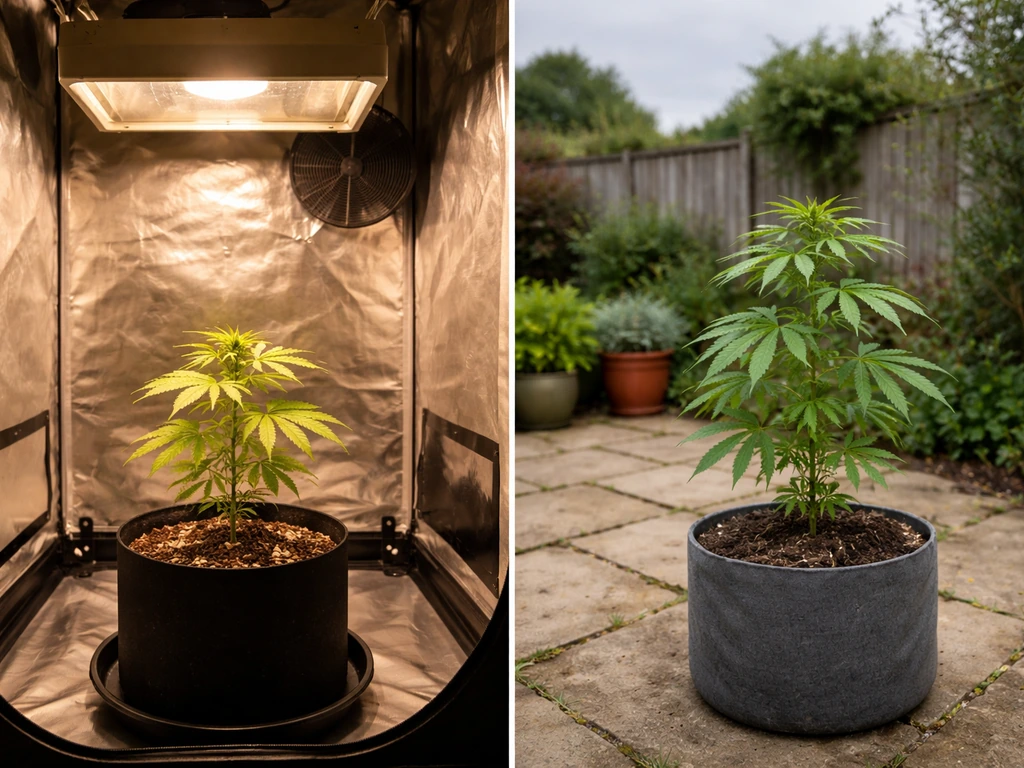 Split scene showing one cannabis plant indoors under a grow light and outdoors in a UK garden planter