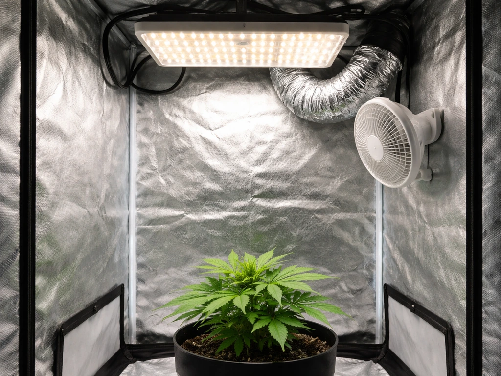 Close-up inside a small grow tent showing LED light, clip fan, ducting, and one potted plant.