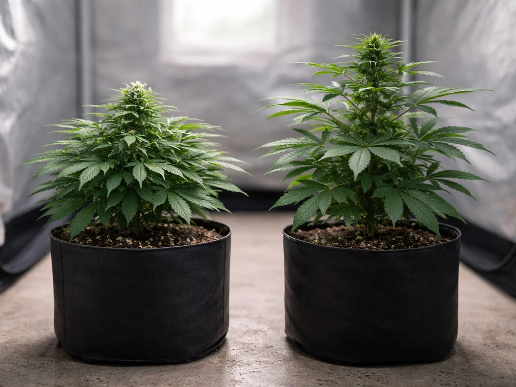 Two anonymous cannabis plants in separate pots: one budding quickly, one growing longer under soft UK daylight.