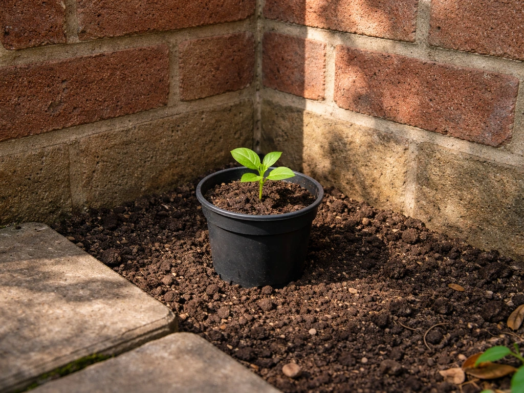 Single seedling in a south-facing sheltered corner against a brick wall in natural sunlight.