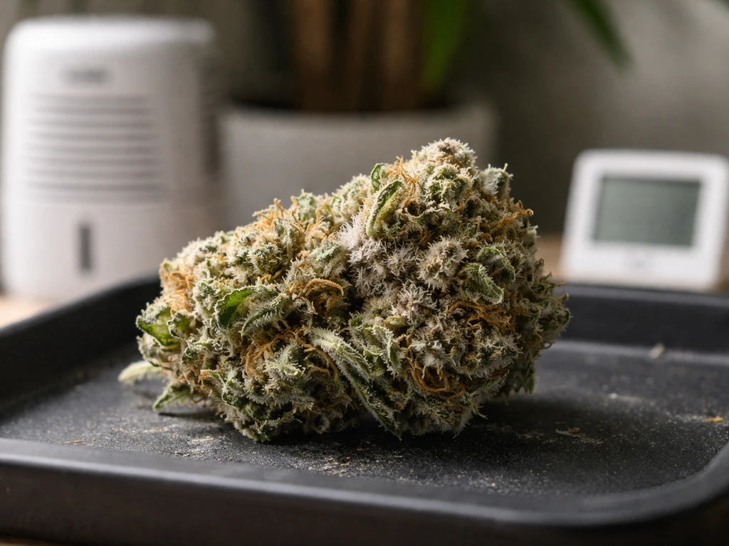 Close-up of cannabis bud with subtle grey mold, beside a dehumidifier and small hygrometer for humidity control.