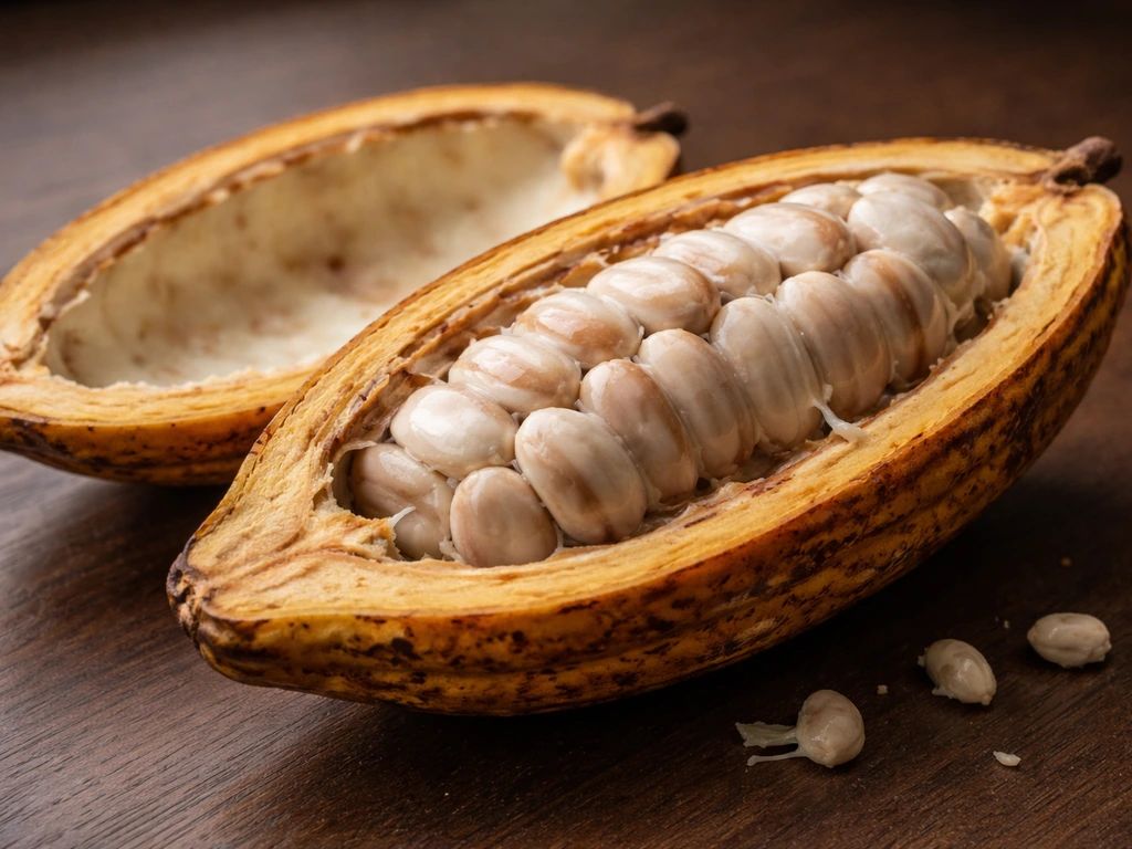 Close-up of a cacao pod with white pulp and visible cacao seeds on a dark wooden surface.