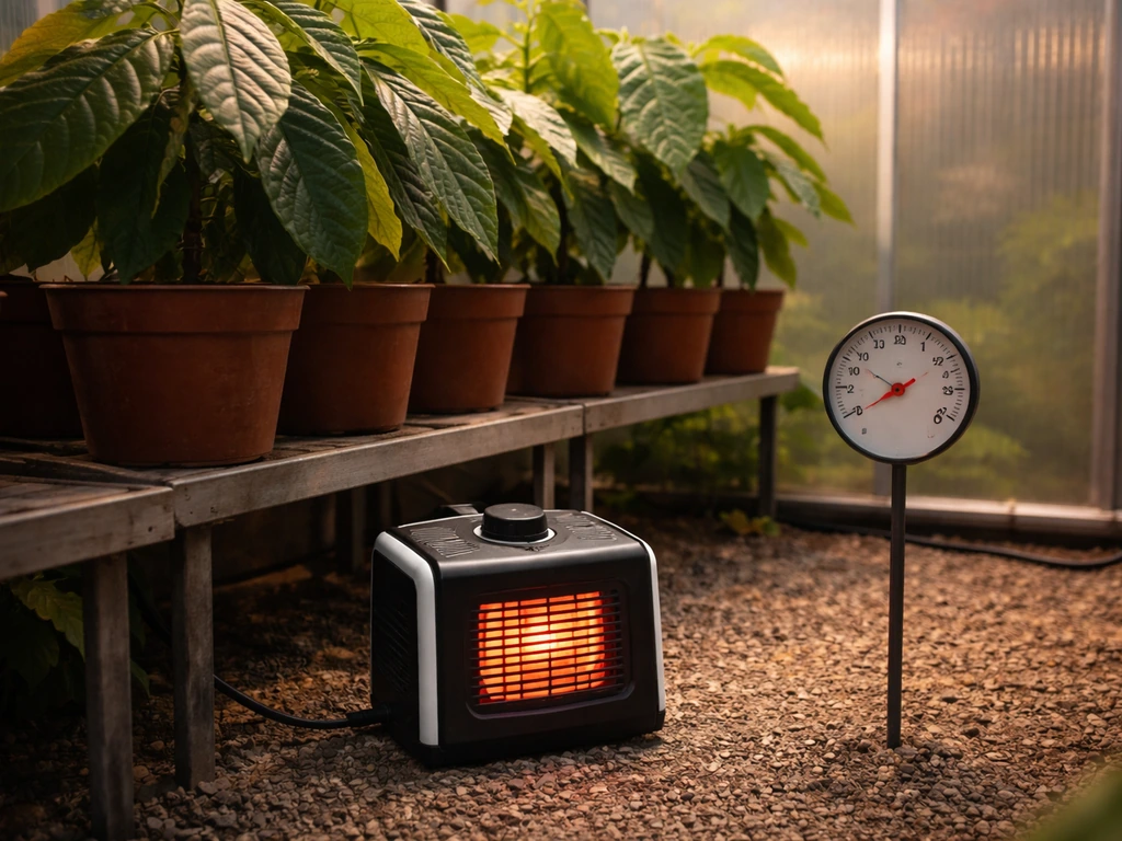 Heated greenhouse setup with a small heater, thermometer showing night temperatures, and cacao plants in pots.