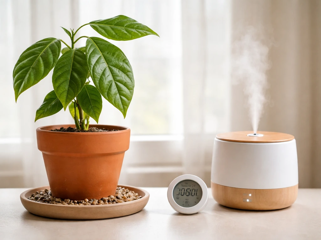 Small humidifier beside cacao plant leaves with a wet-gravel tray and a hygrometer nearby