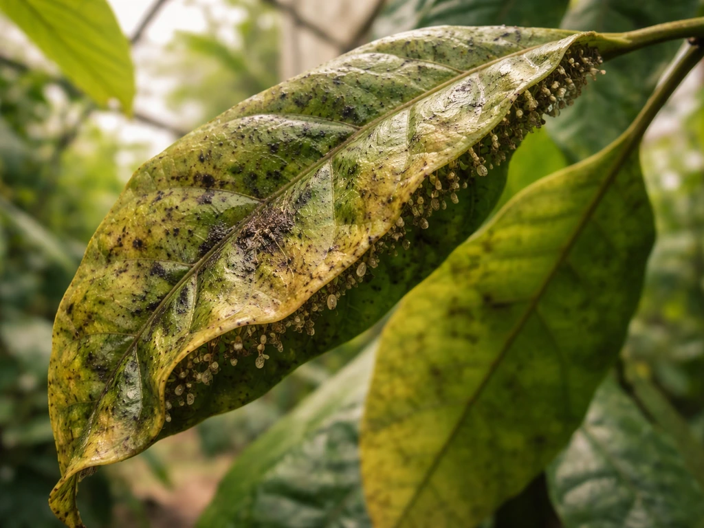 Close-up of cacao leaves with dark fungal-like spots and small clustered pests on the underside.