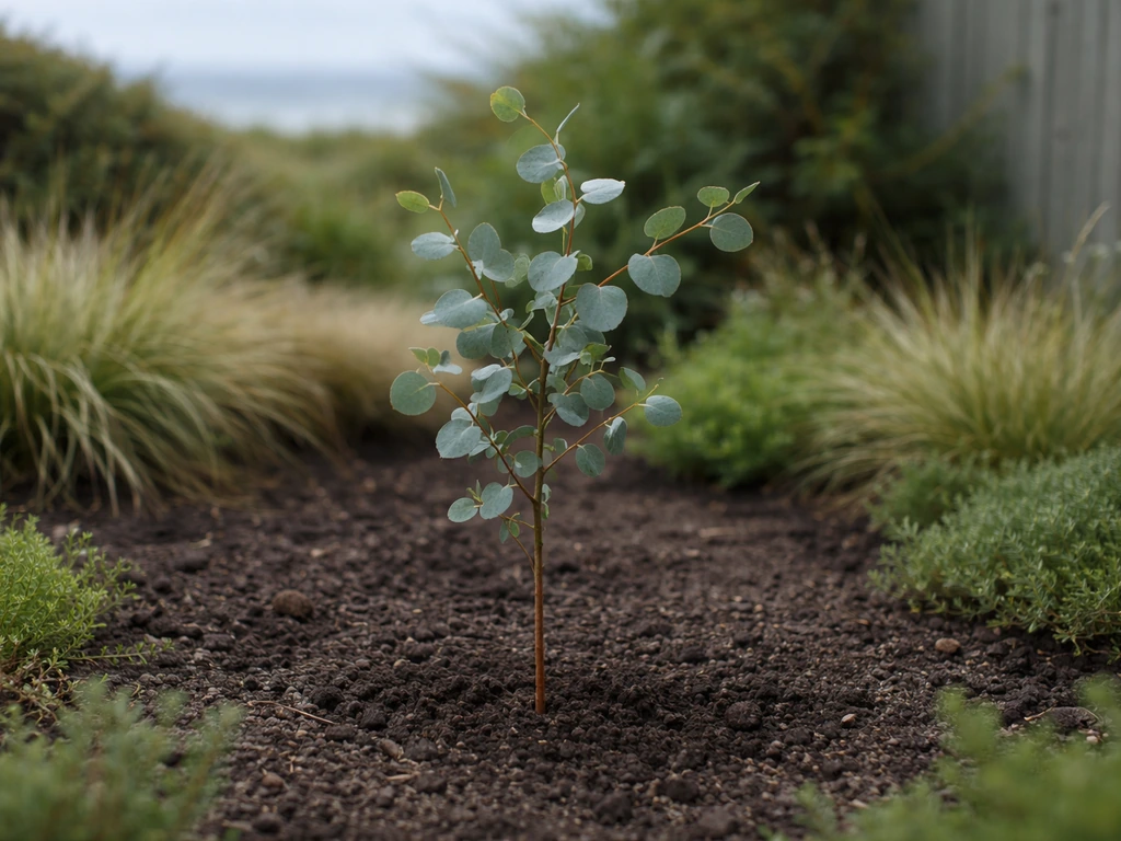 Hardy eucalyptus sapling in a quiet UK maritime garden border under overcast light.