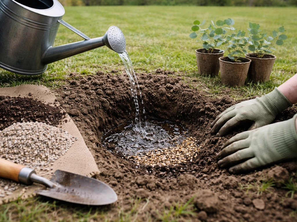 Hands prepare a sunlit, free-draining planting hole for eucalyptus, mixing grit and watering in the seedling.