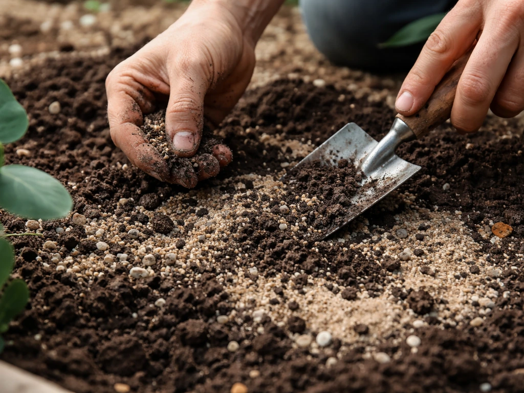 Anonymous gardener’s hands mixing gravel and sand into free-draining soil next to a eucalyptus sapling