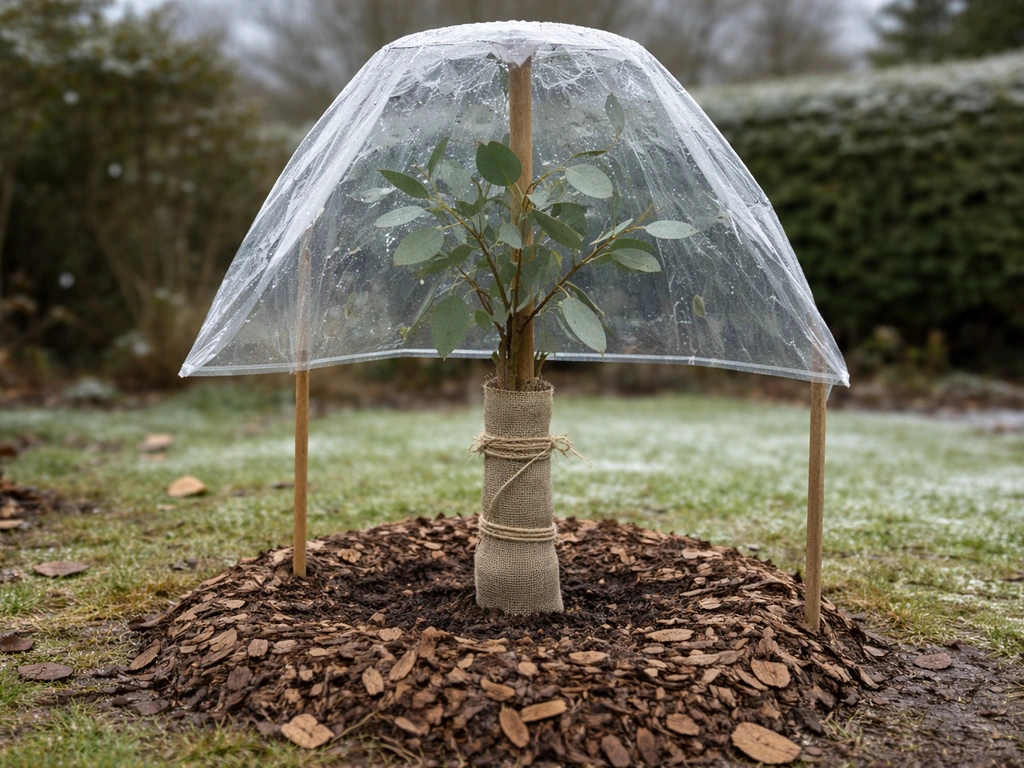 Young eucalyptus tree protected for winter with mulch and breathable trunk wrap in a UK garden.