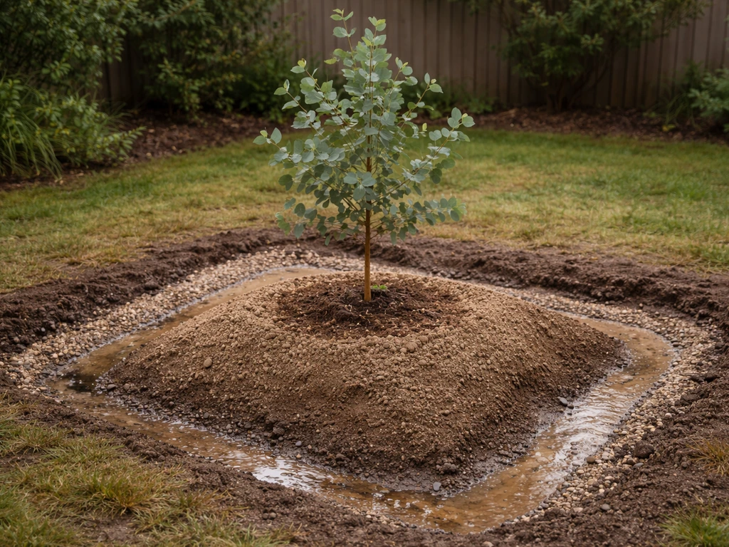 Young eucalyptus on raised mounded soil with a small drainage channel to prevent waterlogged roots.