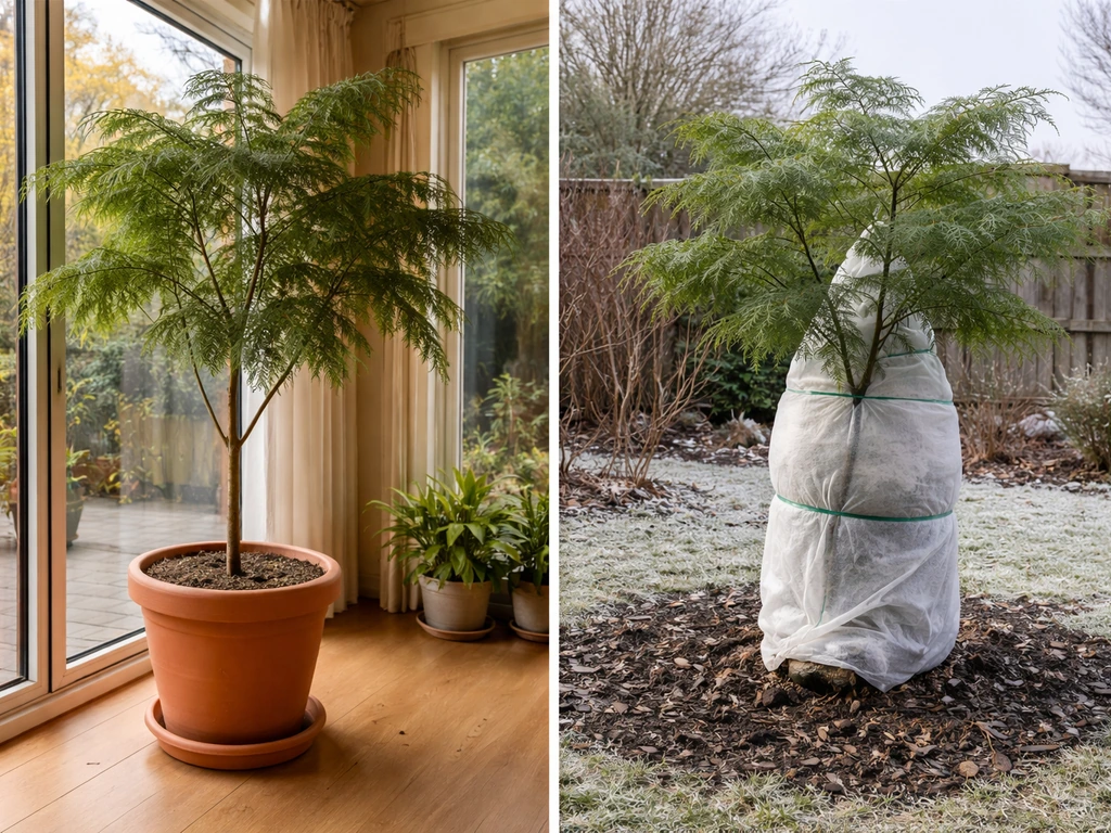 Side-by-side: a jacaranda in a sheltered container indoors versus a frost-exposed one in the ground.