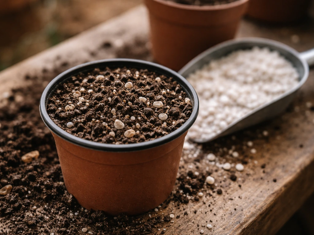 Close-up of peat-free compost mixed with coarse grit/perlite, ready to fill a pot for potting.