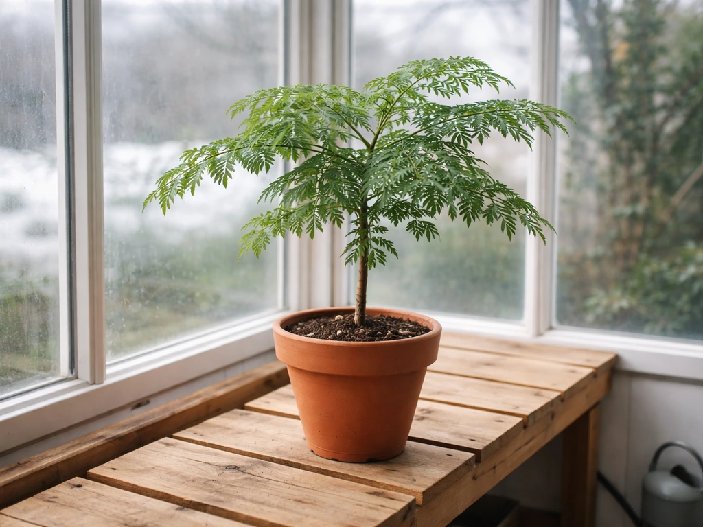 Jacaranda in a terracotta pot placed on a bright bench inside a frost-free greenhouse for winter.