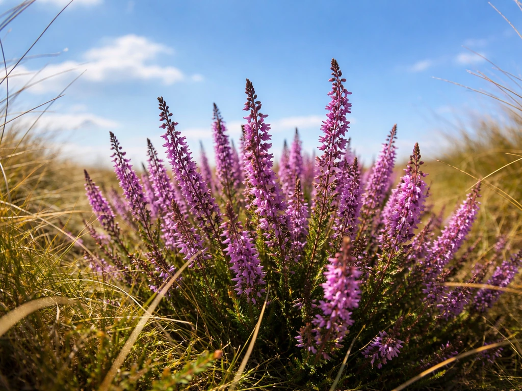 Full-sun heather patch showing flowering in open exposure
